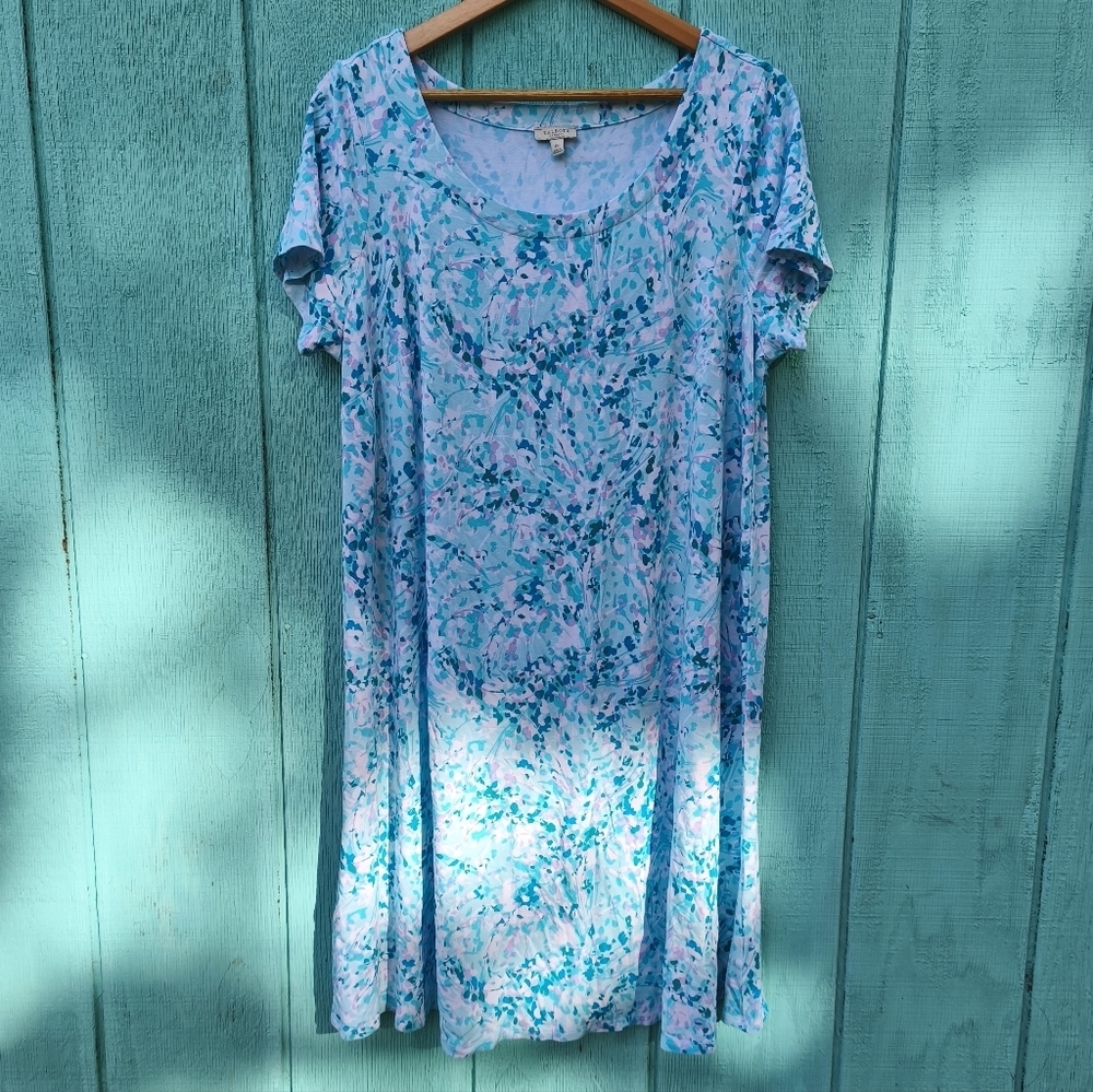 Talbots Jersey Rayon Stretch Swing Dress Knee Length Floral sz 1X Blue Pink